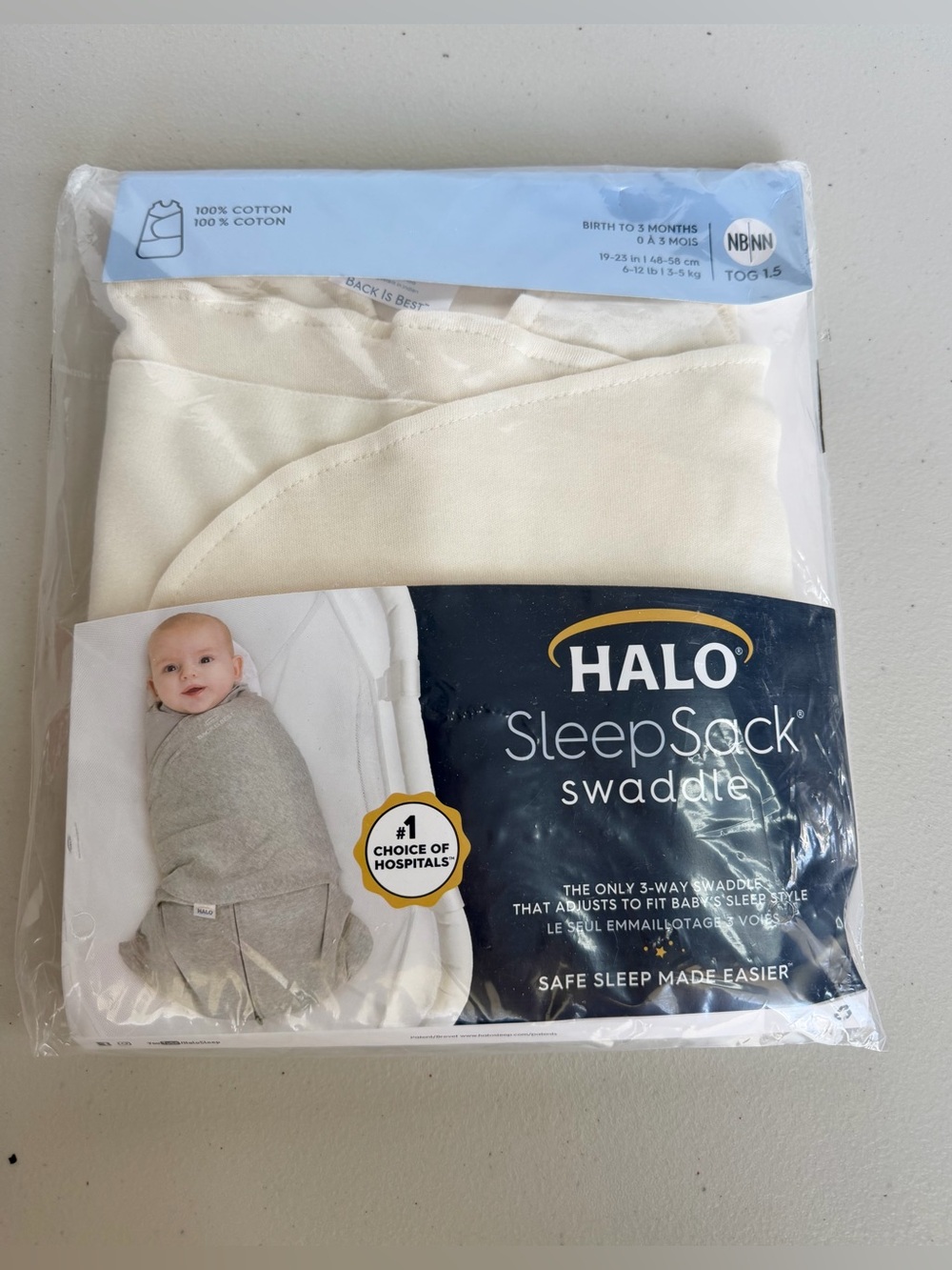 HALO SleepSack Swaddle 100% Cotton Newborn Cream 1.5 TOG New